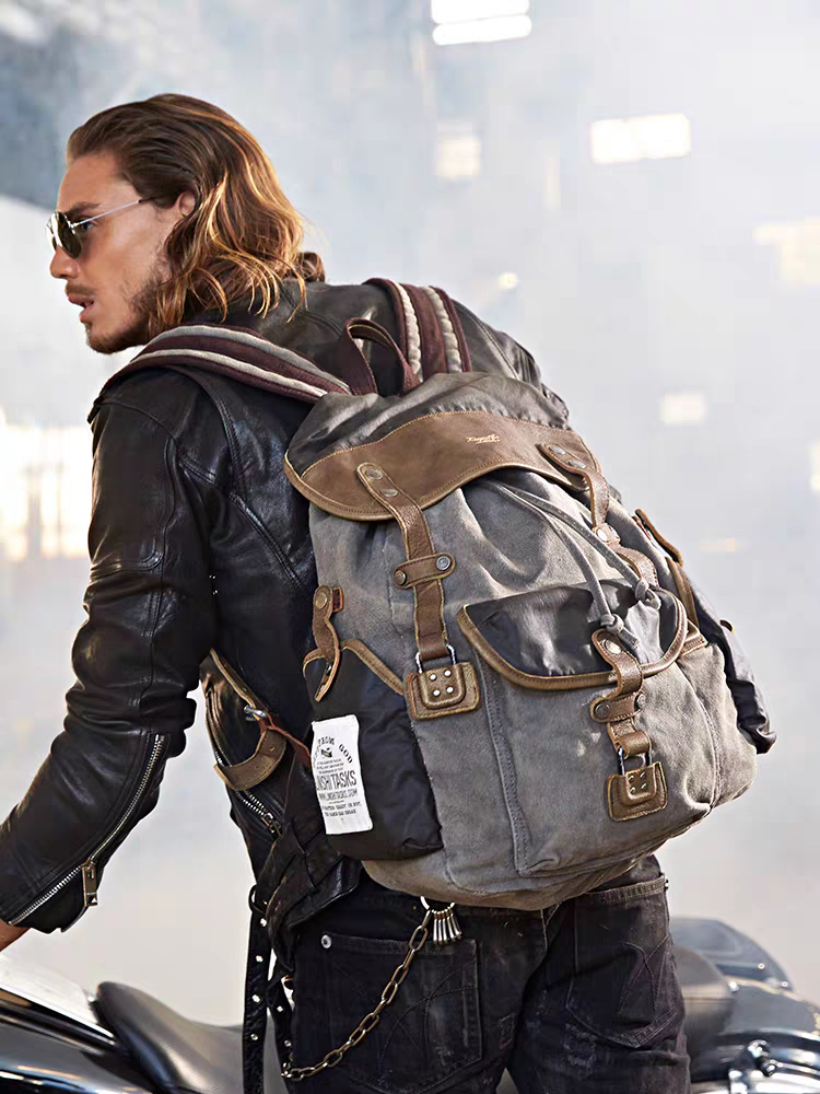 Vintage Waxed Canvas Rucksack with Leather Straps (Motorcycle-Ready)